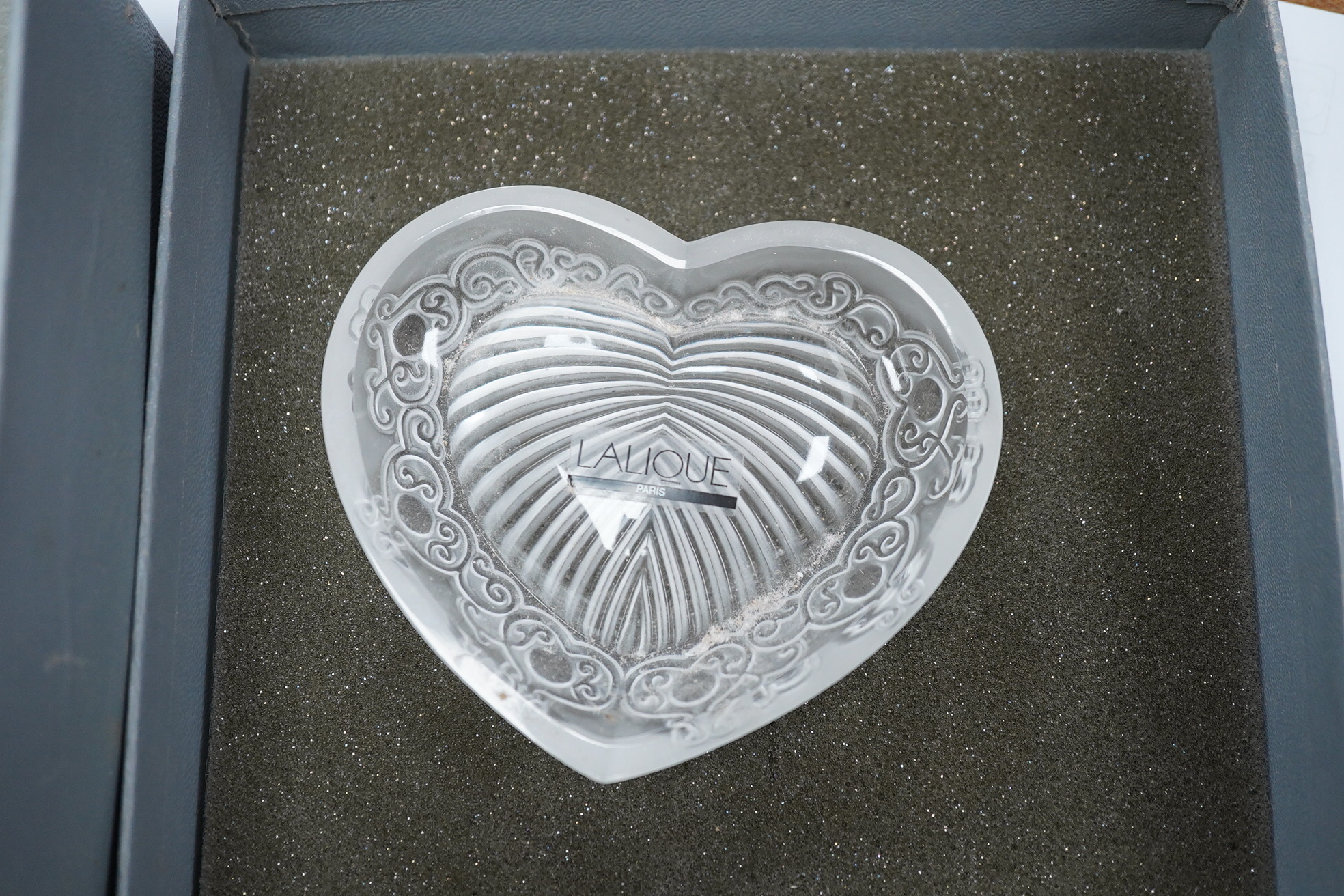 Two modern Lalique glass pin dishes in the form of hearts, largest 11cm wide. Condition - good